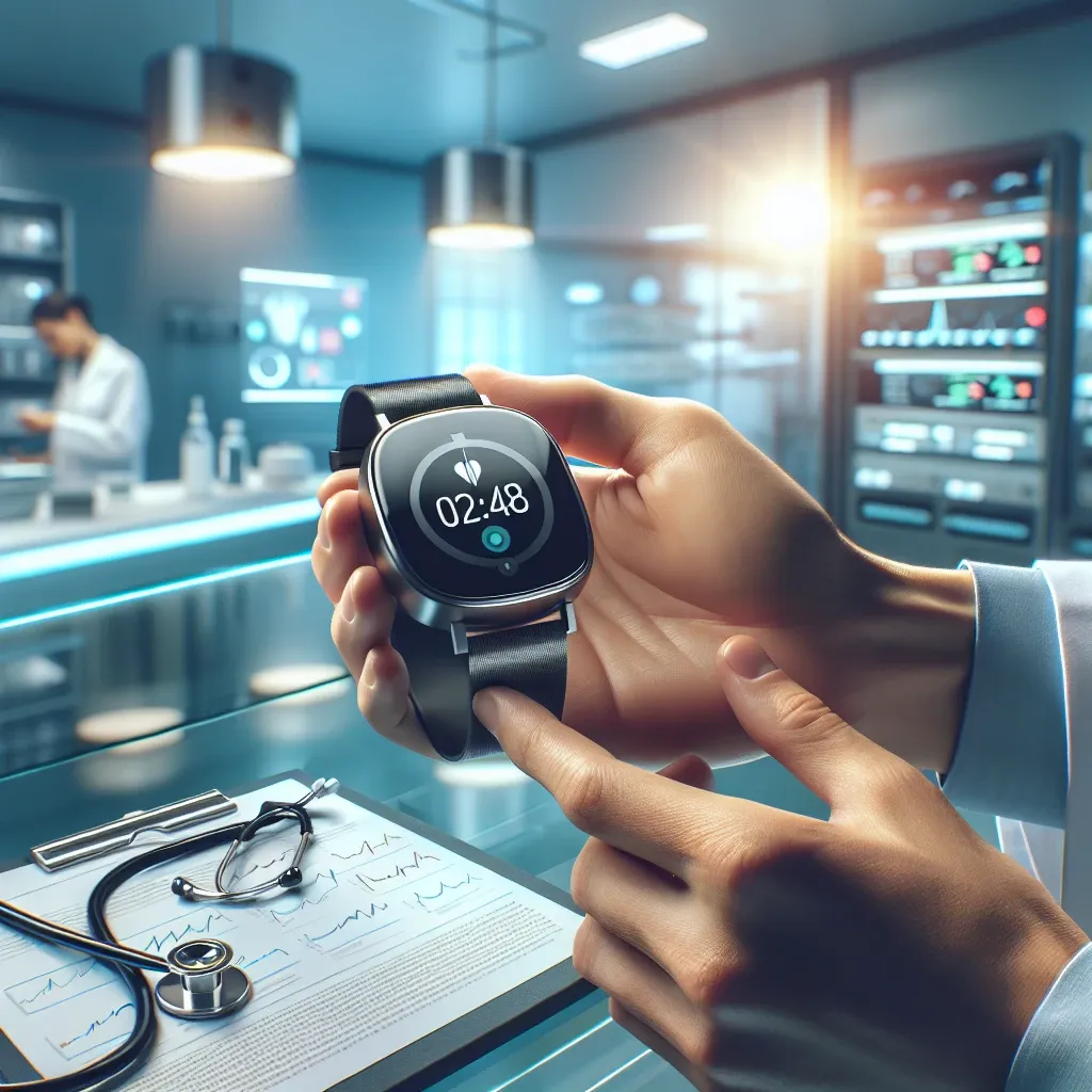 "Novo smartwatch Fitbit com monitor de glicose, destacando recursos de saúde e bem-estar em parceria com instituições médicas, em um fundo moderno e tecnológico."