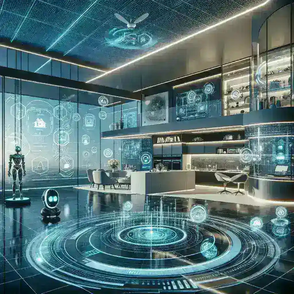 "Imagem de uma casa inteligente moderna com dispositivos conectados, como assistentes virtuais, iluminação automatizada e termostatos inteligentes, representando a revolução tecnológica no lar."