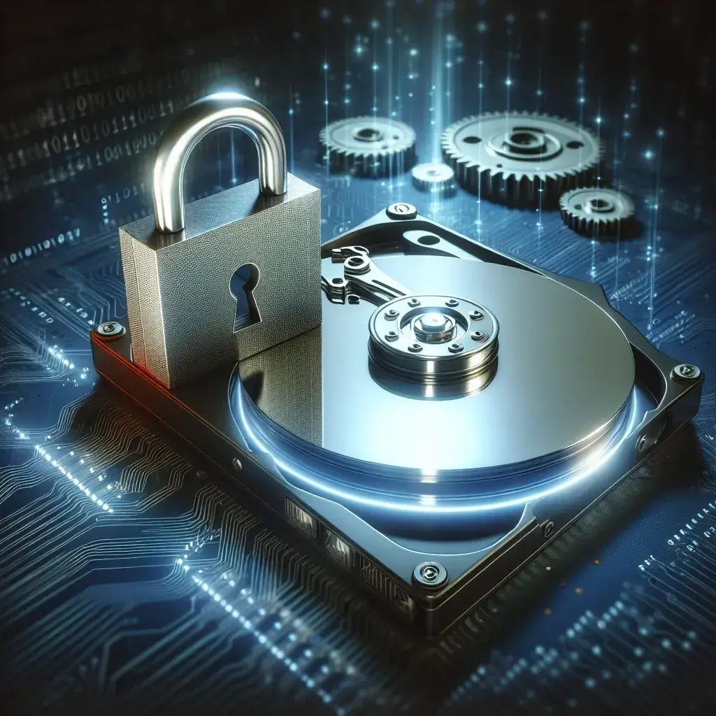 "Apple logo with a backdrop of a MacBook displaying encrypted virtual disk setup screen, illustrating macOS support for encrypted virtual disks."