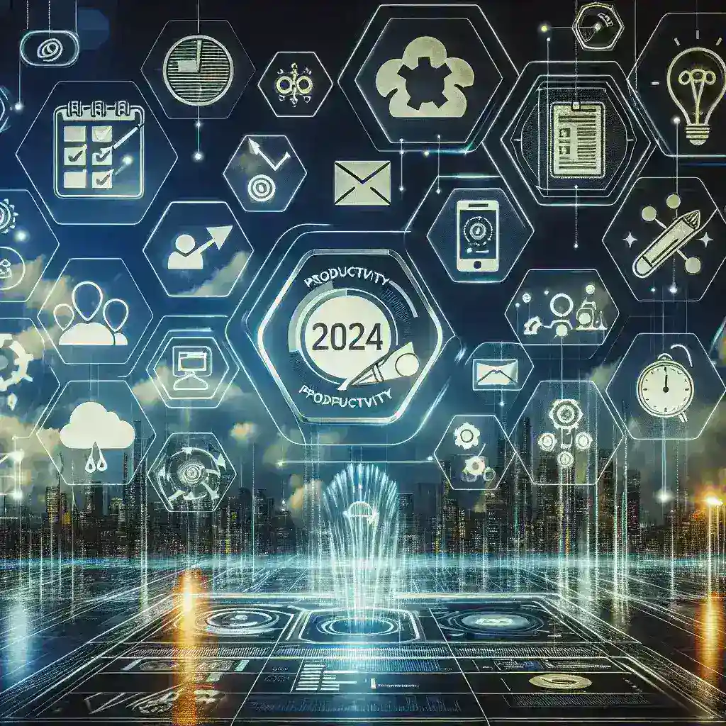 "Imagem ilustrativa dos melhores aplicativos para aumentar a produtividade em 2024, destacando ícones de aplicativos populares e um gráfico de crescimento de eficiência."