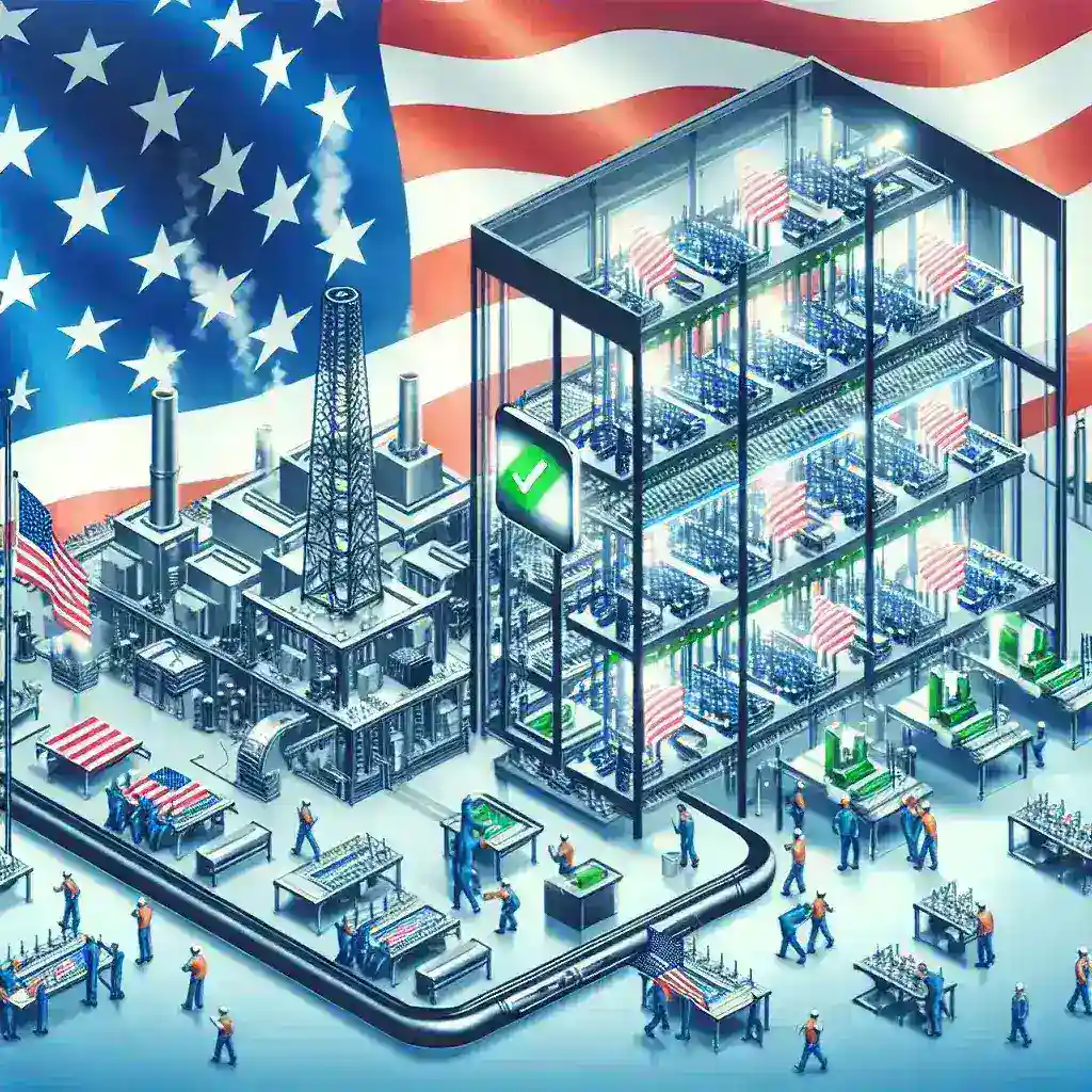 "Imagem ilustrativa de trabalhadores na linha de montagem de iPhones, destacando os esforços dos EUA para a fabricação onshore, com equipamentos modernos e processos produtivos."