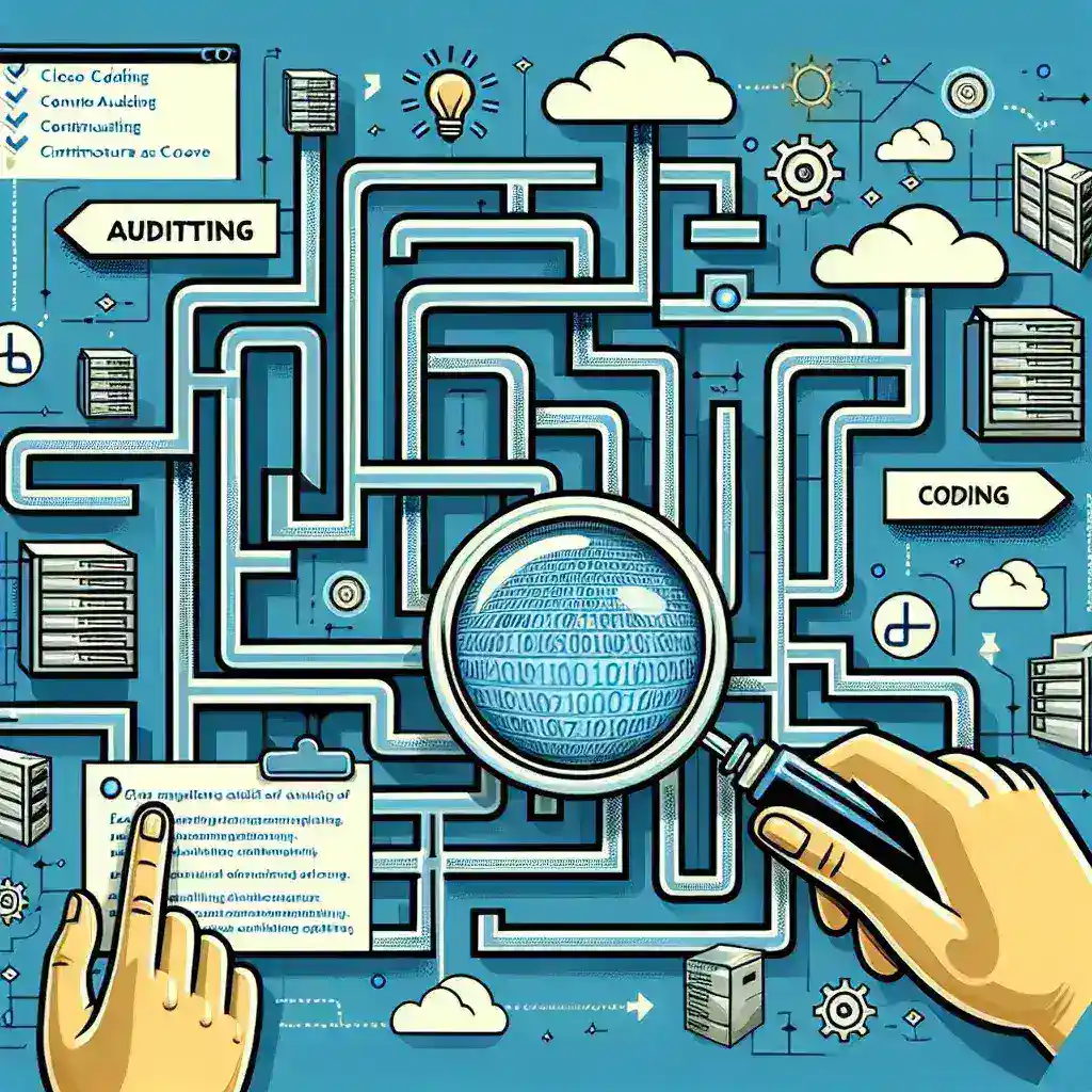 "Imagem ilustrativa das principais ferramentas de auditoria contínua para infraestrutura como código, destacando elementos chave do DevOps em um ambiente de desenvolvimento moderno."