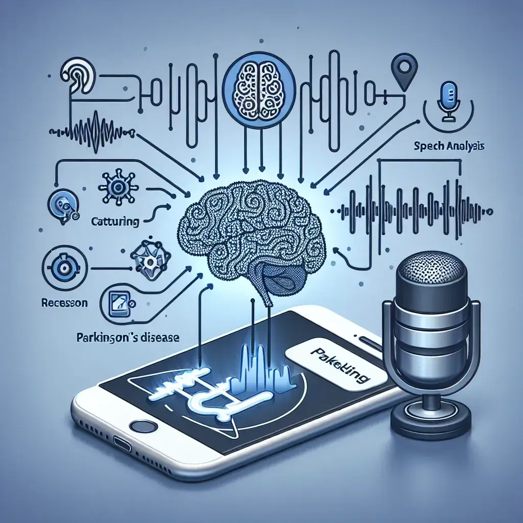 "Imagem ilustrativa do aplicativo de inteligência artificial analisando a fala para rastrear sinais de Parkinson, destacando a tecnologia inovadora e sua aplicação na saúde."