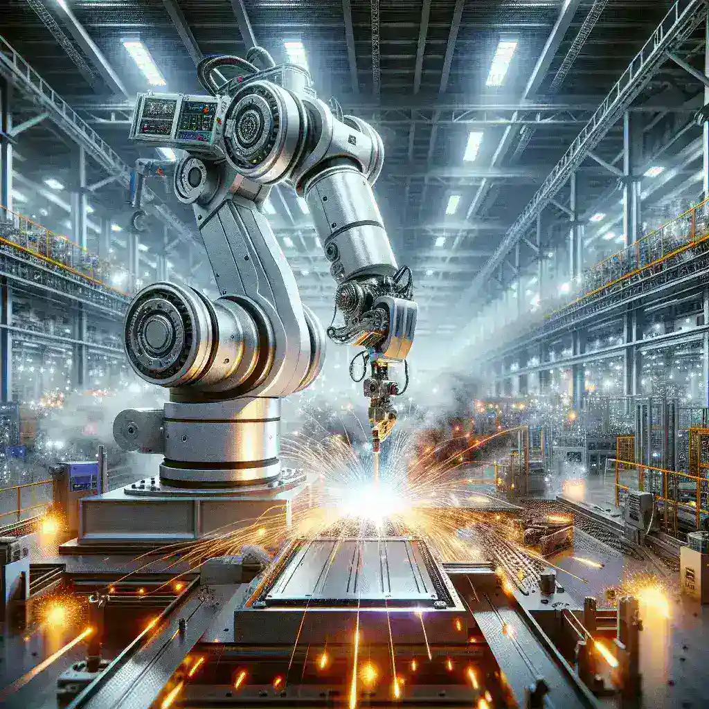 "Robô industrial brasileiro realizando processo de soldagem com precisão milimétrica em uma linha de produção moderna"